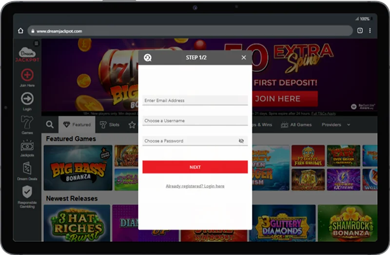 Registration via Dream Jackpot casino mobile